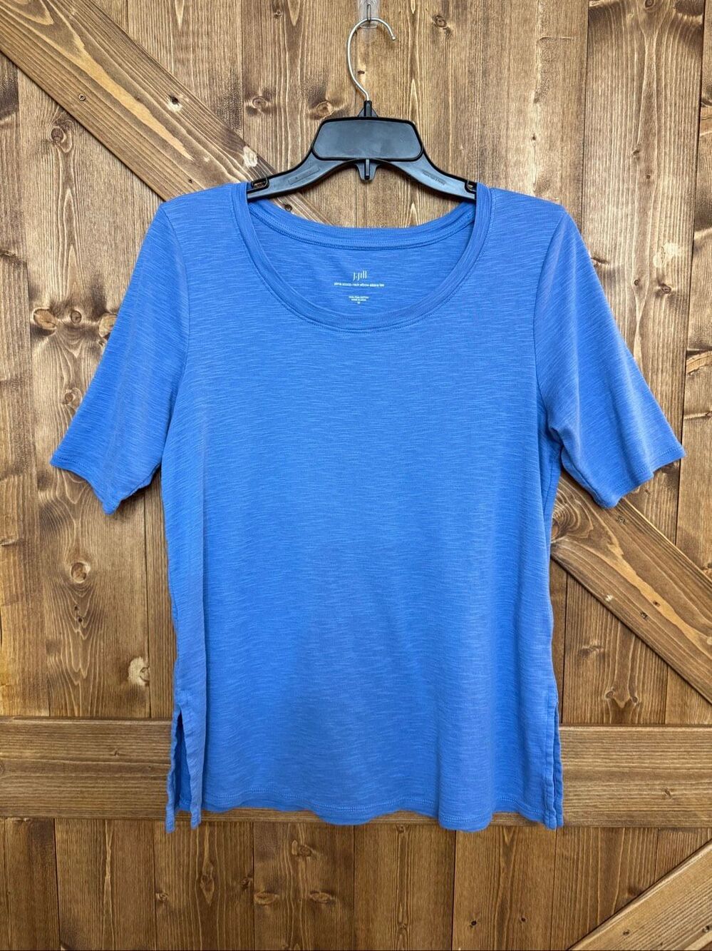 J.Jill Women’s M Blue Pima Cotton Scoop Neck Elbow Sleeve Tee Shirt Side Slits(9